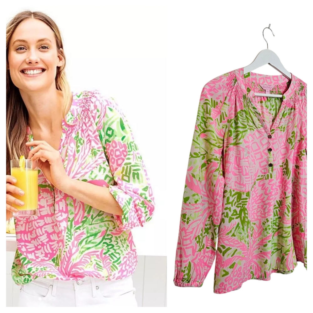 Lilly Pulitzer Elsa Silk Top Home Slice Pink Pineapple XS - Picture 1 of 15